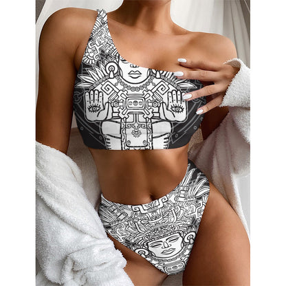 Blue And White Mayan Statue Print One Shoulder Bikini Top