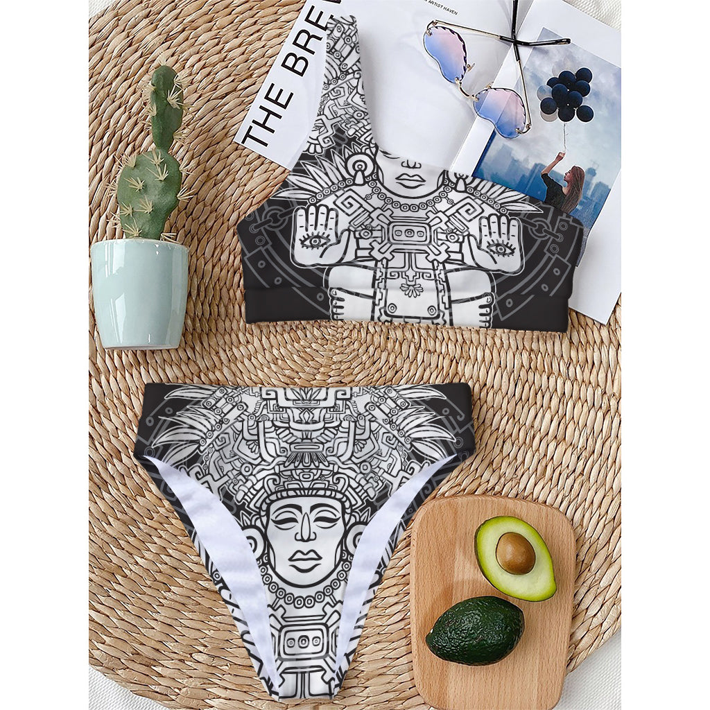 Blue And White Mayan Statue Print One Shoulder Bikini Top