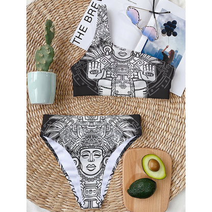 Blue And White Mayan Statue Print One Shoulder Bikini Top