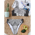 Blue And White Mayan Statue Print One Shoulder Bikini Top