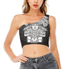 Blue And White Mayan Statue Print One Shoulder Crop Top