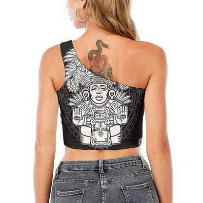 Blue And White Mayan Statue Print One Shoulder Crop Top