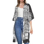 Blue And White Mayan Statue Print Open Front Beach Cover Up