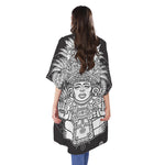 Blue And White Mayan Statue Print Open Front Beach Cover Up
