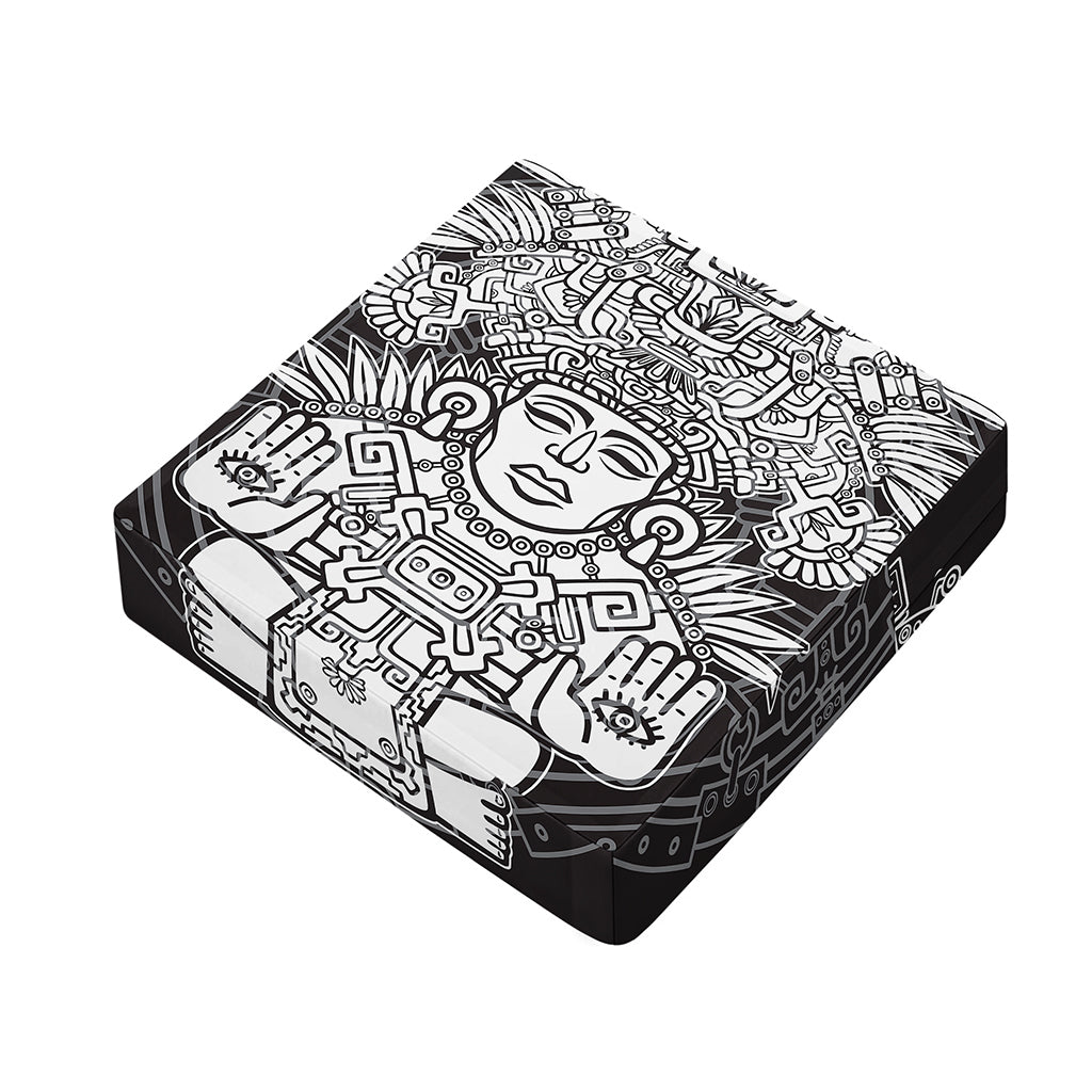 Blue And White Mayan Statue Print Outdoor Seat Cushion Cover
