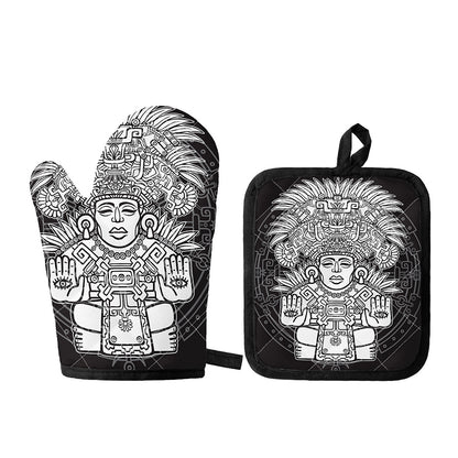 Blue And White Mayan Statue Print Oven Mitt And Pot Holder Set