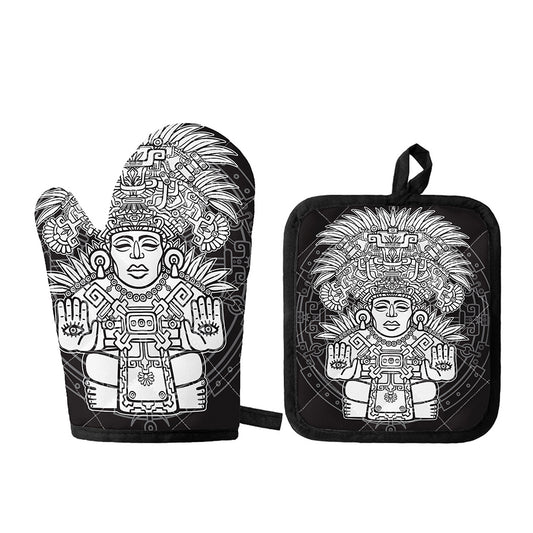 Blue And White Mayan Statue Print Oven Mitt And Pot Holder Set