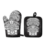 Blue And White Mayan Statue Print Oven Mitt And Pot Holder Set