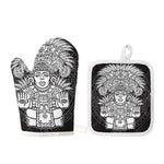 Blue And White Mayan Statue Print Oven Mitt And Pot Holder Set