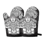 Blue And White Mayan Statue Print Oven Mitts