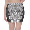 Blue And White Mayan Statue Print Pencil Mini Skirt