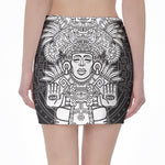 Blue And White Mayan Statue Print Pencil Mini Skirt