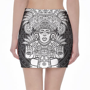 Blue And White Mayan Statue Print Pencil Mini Skirt