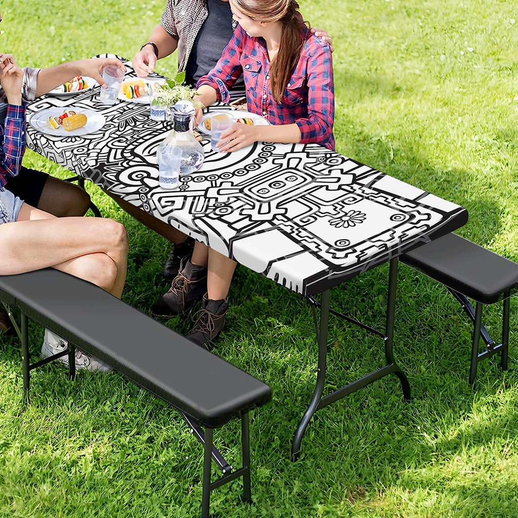 Blue And White Mayan Statue Print Picnic Table Cover