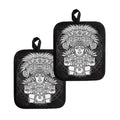 Blue And White Mayan Statue Print Pot Holders