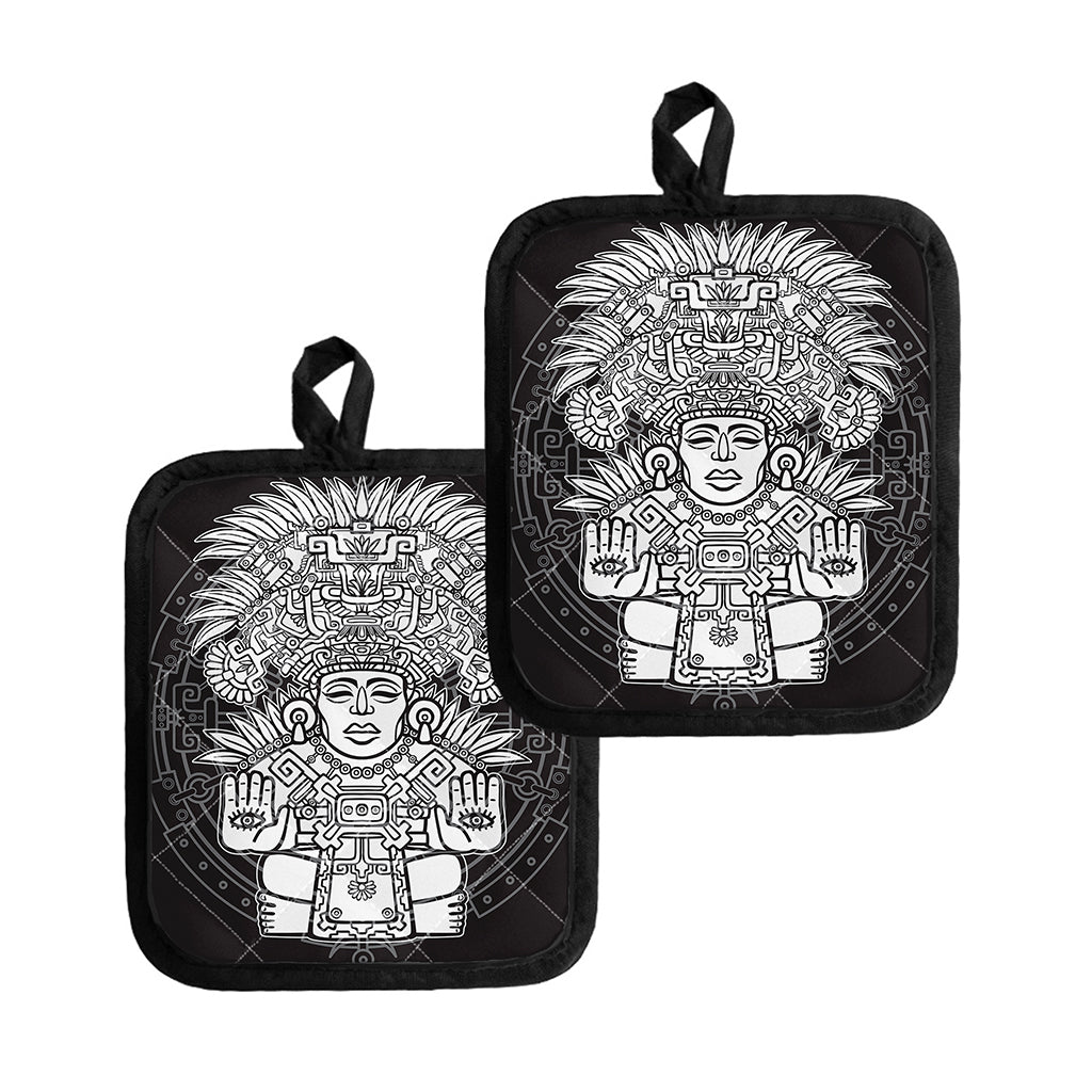 Blue And White Mayan Statue Print Pot Holders