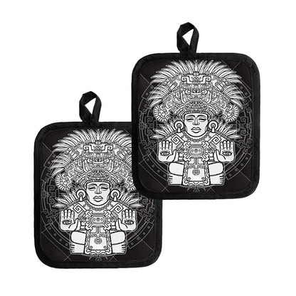 Blue And White Mayan Statue Print Pot Holders