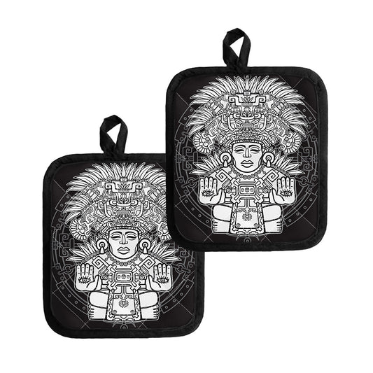 Blue And White Mayan Statue Print Pot Holders
