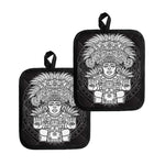 Blue And White Mayan Statue Print Pot Holders