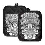 Blue And White Mayan Statue Print Pot Holders With Pocket