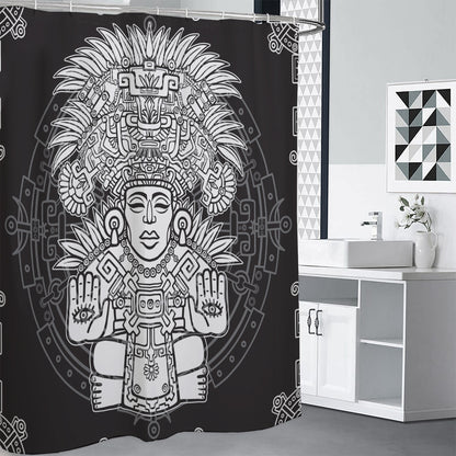 Blue And White Mayan Statue Print Premium Shower Curtain