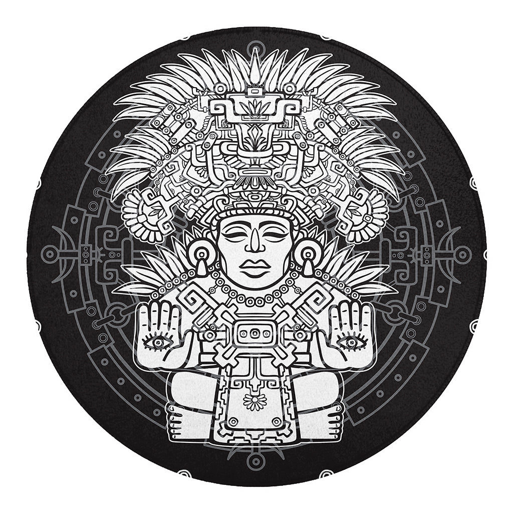Blue And White Mayan Statue Print Round Blanket