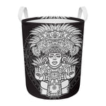 Blue And White Mayan Statue Print Round Laundry Basket