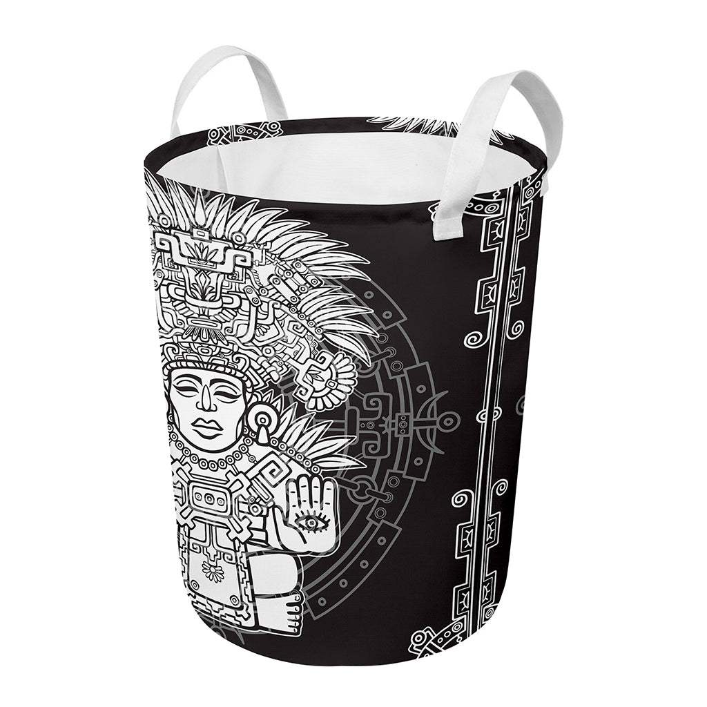 Blue And White Mayan Statue Print Round Laundry Basket