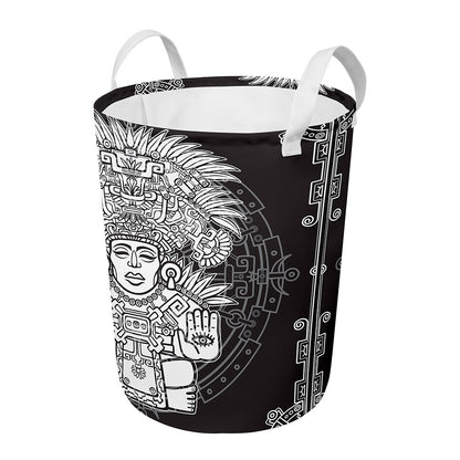 Blue And White Mayan Statue Print Round Laundry Basket