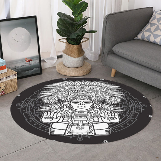 Blue And White Mayan Statue Print Round Rug