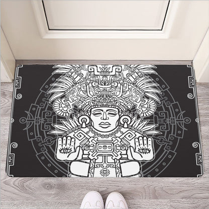 Blue And White Mayan Statue Print Rubber Doormat
