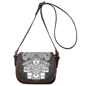 Blue And White Mayan Statue Print Saddle Bag