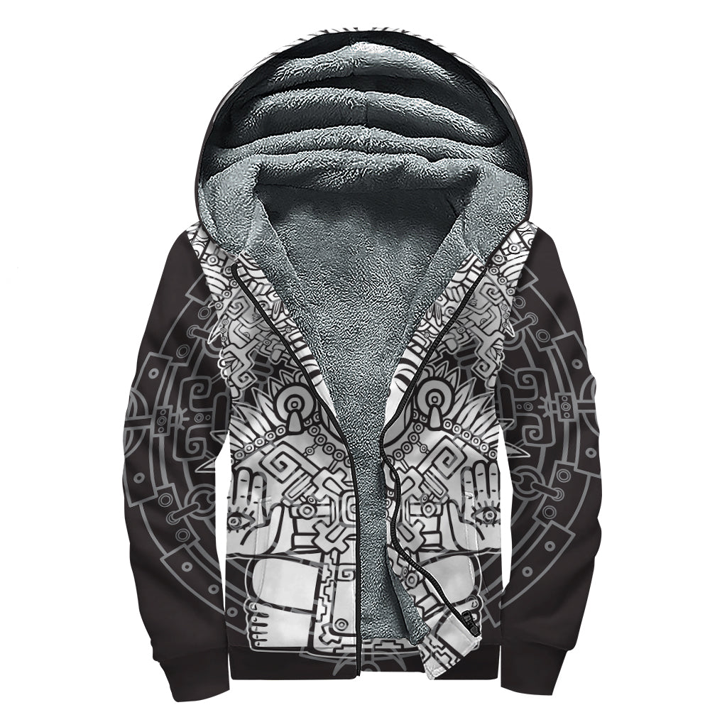 Blue And White Mayan Statue Print Sherpa Lined Zip Up Hoodie