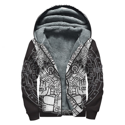 Blue And White Mayan Statue Print Sherpa Lined Zip Up Hoodie