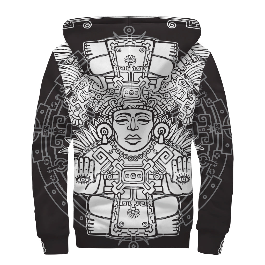 Blue And White Mayan Statue Print Sherpa Lined Zip Up Hoodie