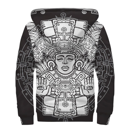 Blue And White Mayan Statue Print Sherpa Lined Zip Up Hoodie