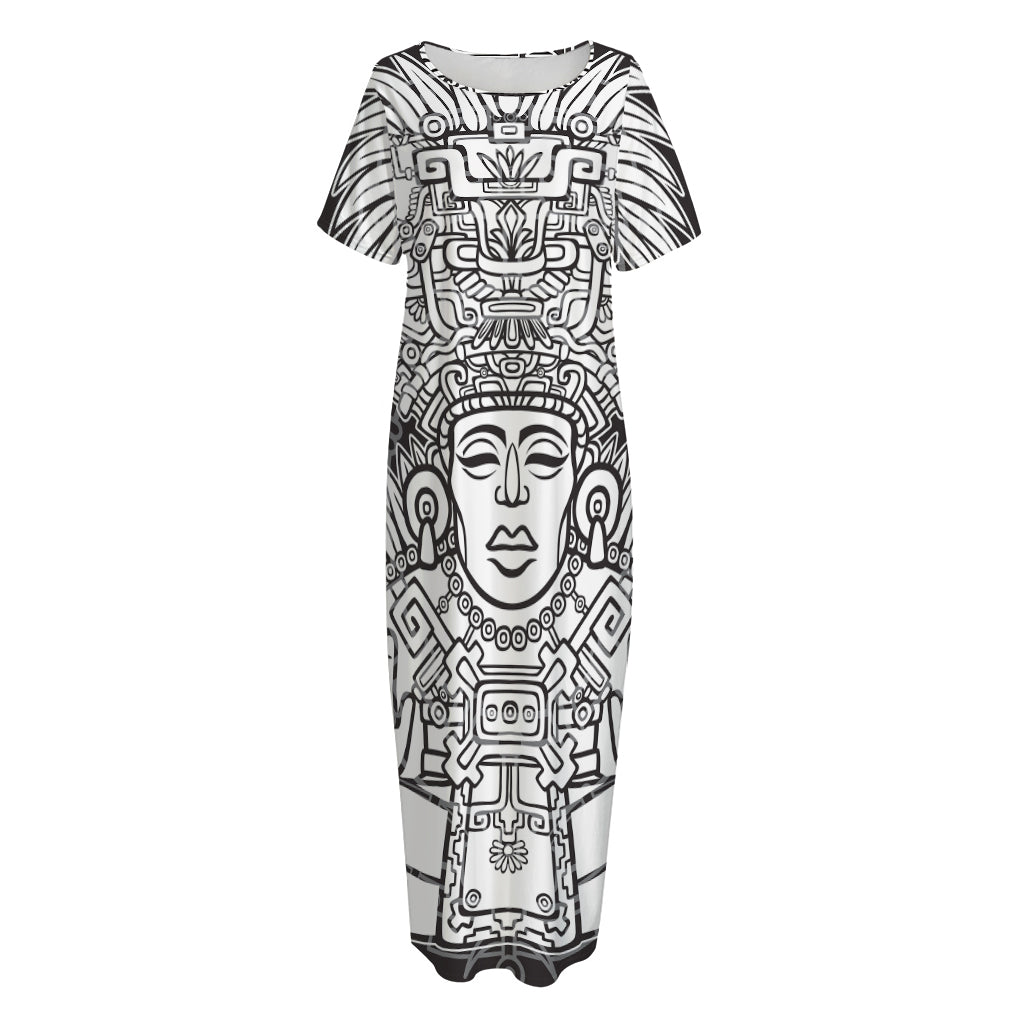 Blue And White Mayan Statue Print Short Sleeve Long Nightdress