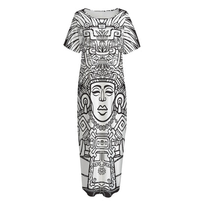 Blue And White Mayan Statue Print Short Sleeve Long Nightdress
