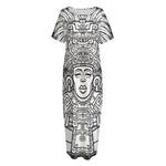 Blue And White Mayan Statue Print Short Sleeve Long Nightdress