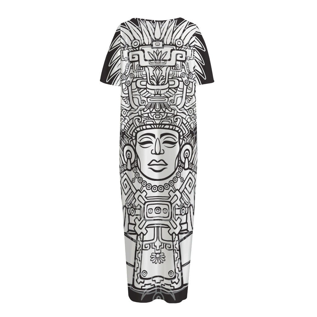Blue And White Mayan Statue Print Short Sleeve Long Nightdress