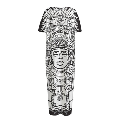 Blue And White Mayan Statue Print Short Sleeve Long Nightdress