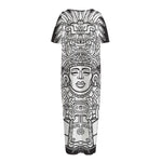 Blue And White Mayan Statue Print Short Sleeve Long Nightdress