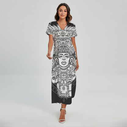 Blue And White Mayan Statue Print Short Sleeve Maxi Dress