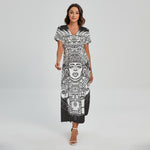 Blue And White Mayan Statue Print Short Sleeve Maxi Dress