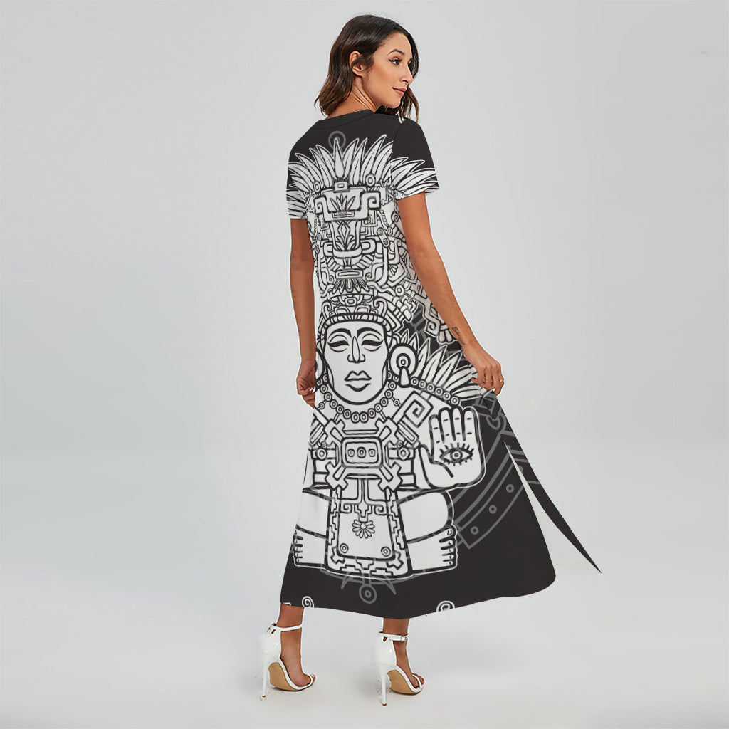 Blue And White Mayan Statue Print Short Sleeve Maxi Dress