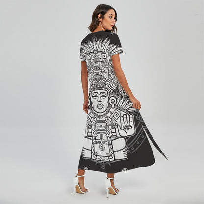 Blue And White Mayan Statue Print Short Sleeve Maxi Dress