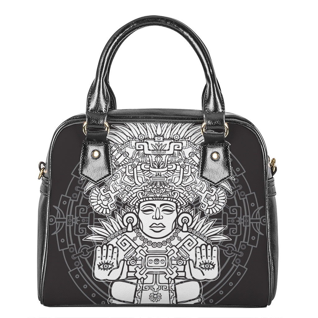 Blue And White Mayan Statue Print Shoulder Handbag