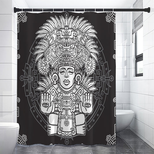 Blue And White Mayan Statue Print Shower Curtain