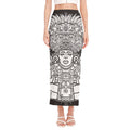 Blue And White Mayan Statue Print Side Slit Maxi Skirt