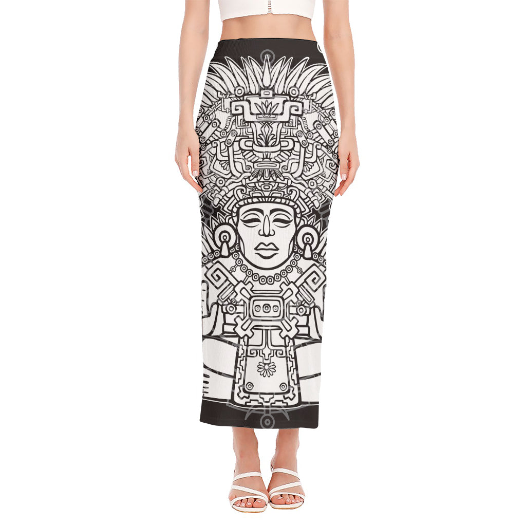 Blue And White Mayan Statue Print Side Slit Maxi Skirt